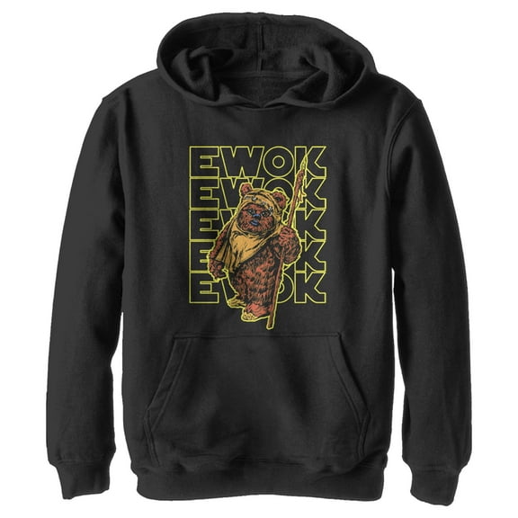 Boy's Star Wars Ewok Stacked Yellow Text  Pull Over Hoodie Black Medium