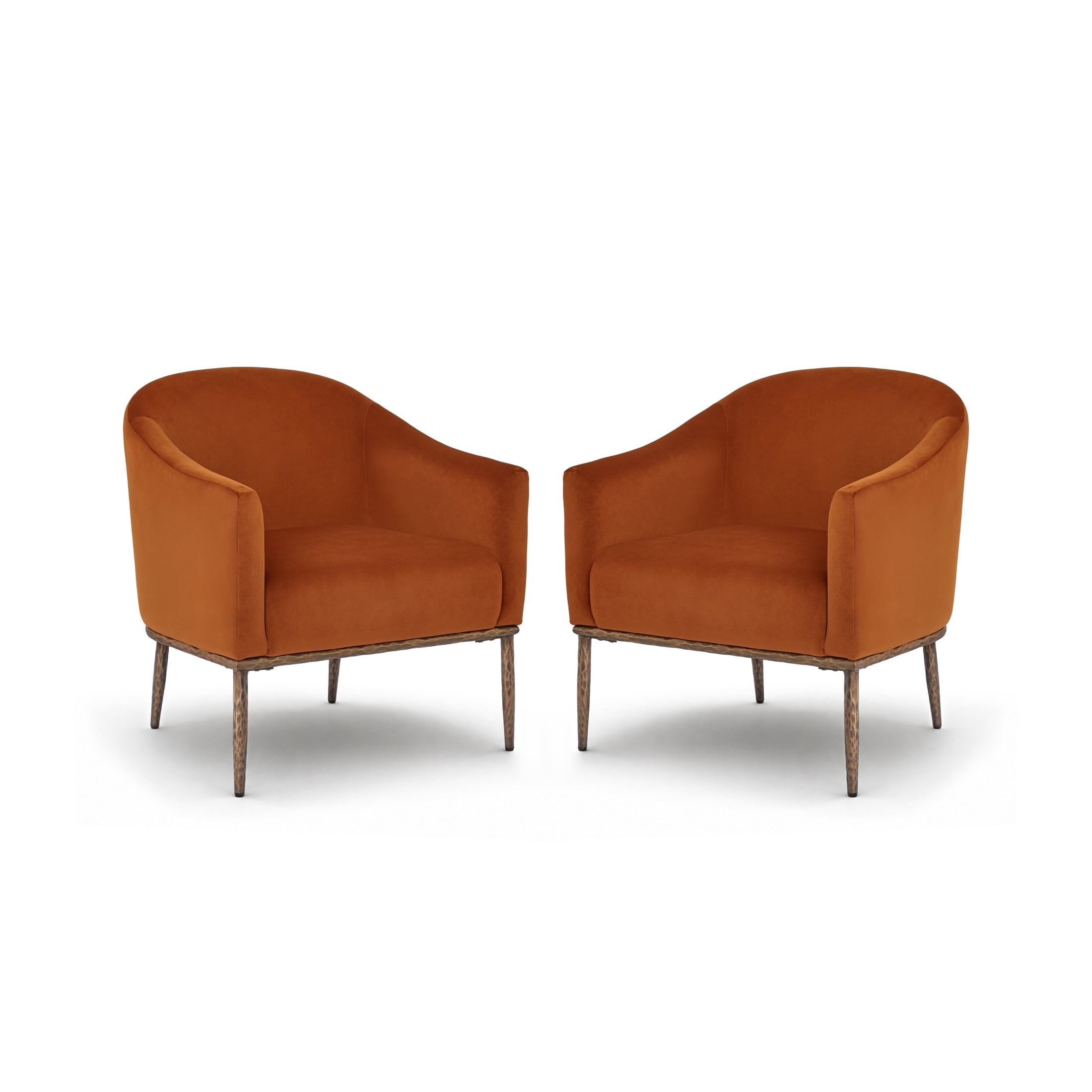 Christopher Knight Home Modern Upholstered Barrel Accent Armchair with Hammered Metal Base, Burnt Orange, Set of 2