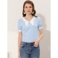 thumbnail image 4 of INSPIRE CHIC Women's Bow Tie Contrast Color Textured Short Sleeve Top Blouse Light Blue L, 4 of 4
