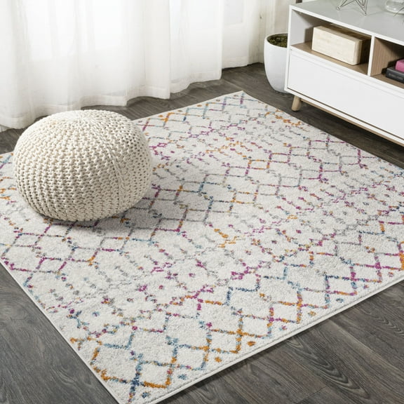 JONATHAN Y MOROCCAN HYPE 5' Square Area Rug, Boho Vintage Diamond - Ivory/Multi, MOH101E-5SQ