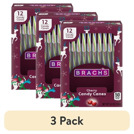 (3 pack) Brach's Holiday Cherry Candy Canes, Christmas Candy Canes, 5.3 oz, 12 Count