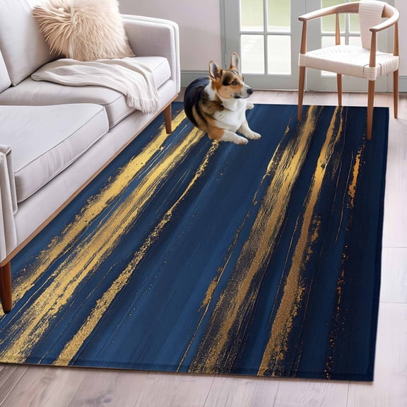 Blue Gold Coastal Area Rug 4x6 Washable Rug Non Slip Summer Modern Ocean Wave Large Area Rug Indoor Floor Carpet for Entryway Bedroom Kitchen Living Room Home Office Dining Room Nursery