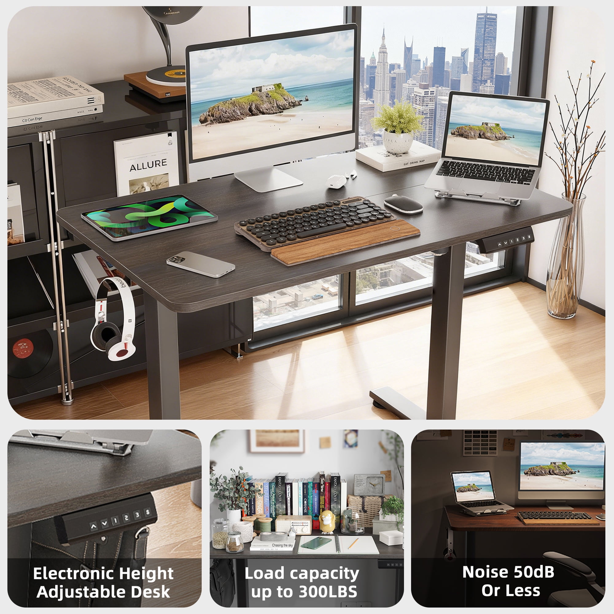 MAYEERTY 40×24" Electric Height-Adjustable Desk, Sit Stand Desk with Side Hooks for Home & Office, Gray