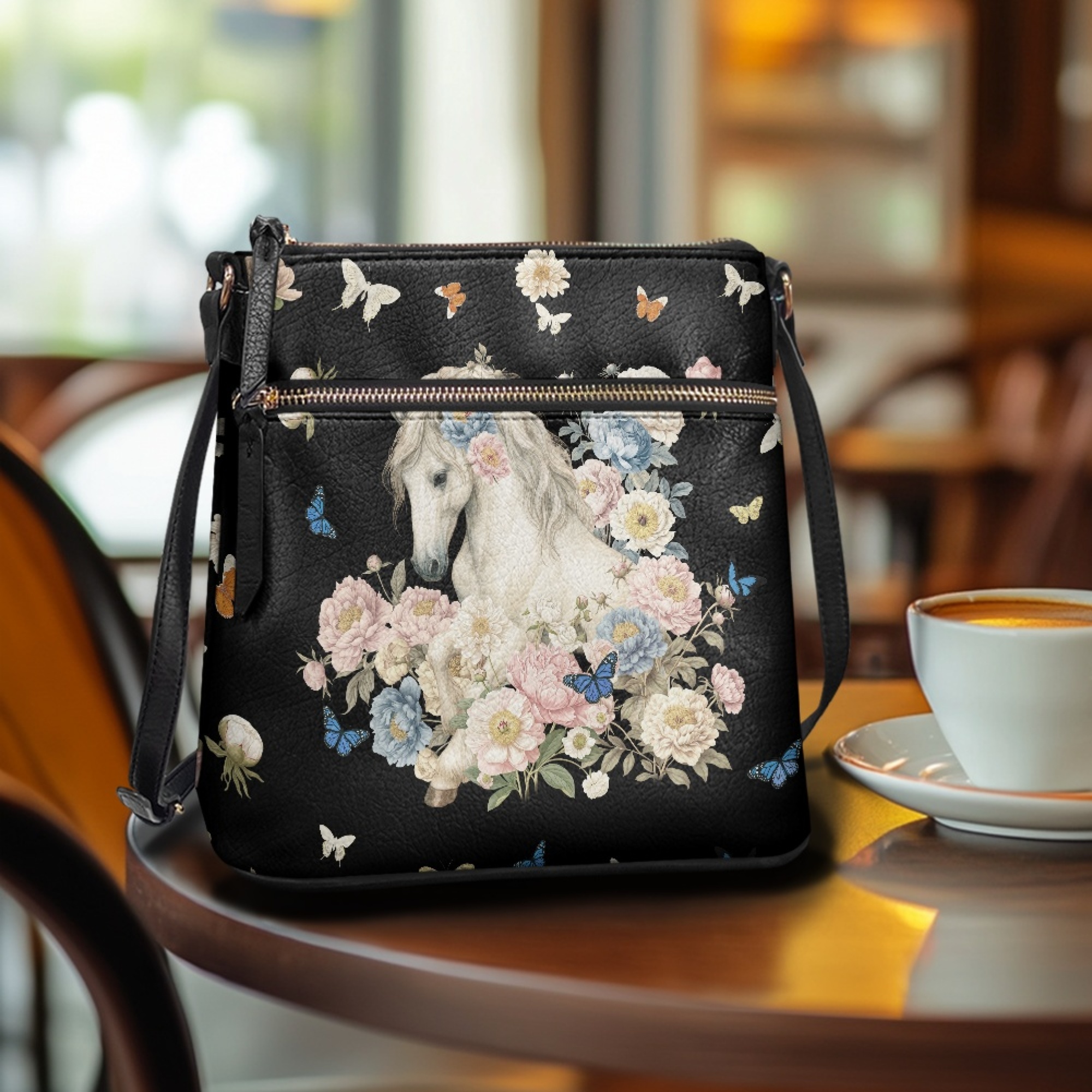 Kuiaobaty Horse Flowers Print Crossbody Bag for Women, Butterfly Print Leather Satchel Purse with Adjustable Strap, Zipper Pockets Shoulder Handbag Crossbody for Travel, Black
