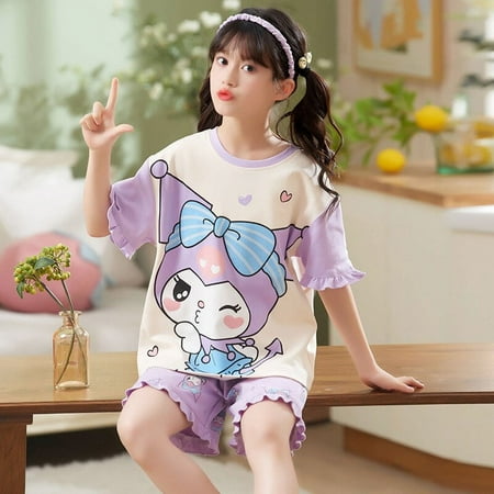 

Sanrioed Printed Children Short Sleeved Shorts Pajama Set Anime My Melody Cinnamoroll Hellokittys Kawaii Home Clothing Girl Gift