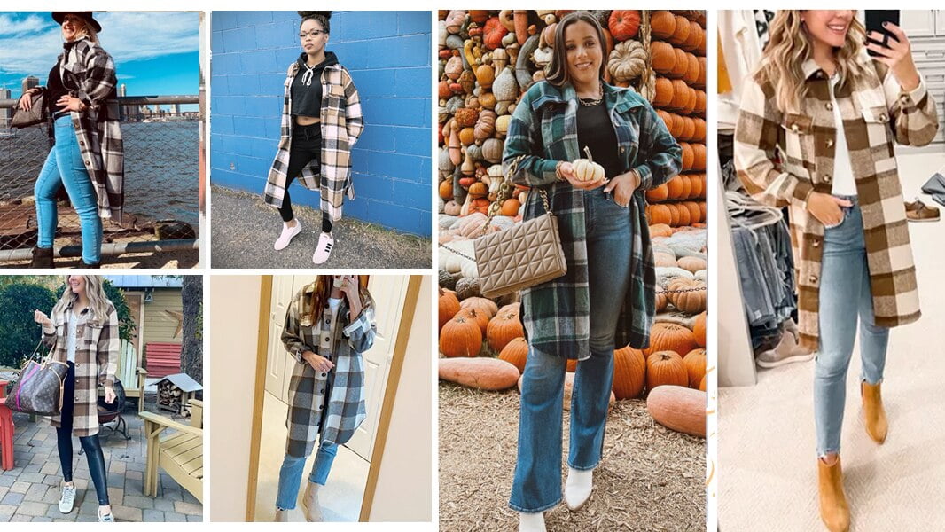 Fantaslook Flannel Shirts for Women Button Up Plaid Shirt Long Pocketed Shacket Jacket Coat