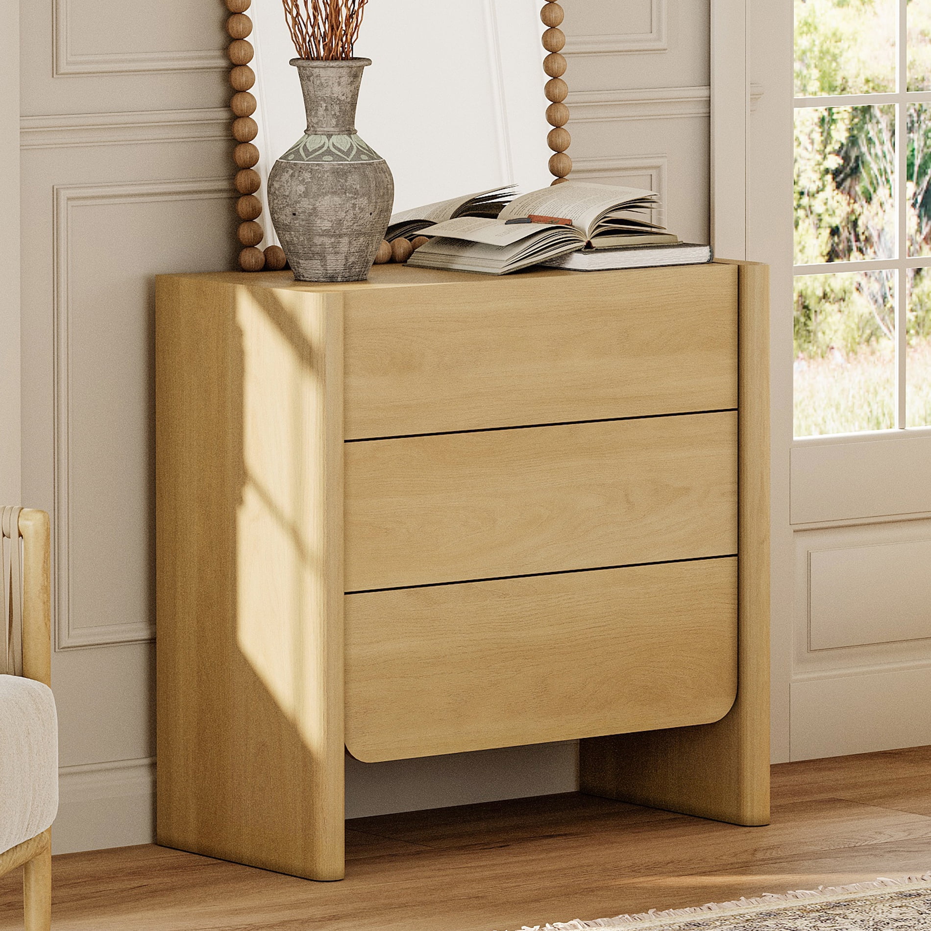 Modern French TV Stand, 31.5-Inch Media Console with 3 Push-to-Open Drawers, Supports TVs up to 36 Inches, Oak