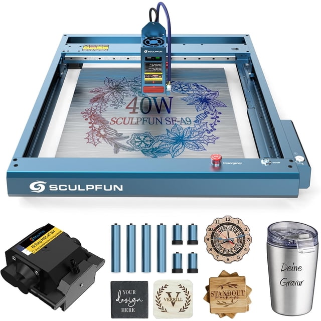 Sculpfun SF-A9 Grabadora láser de 40 W con punto láser ultrafino, asistencia neumática automática, 400 x 400 mm