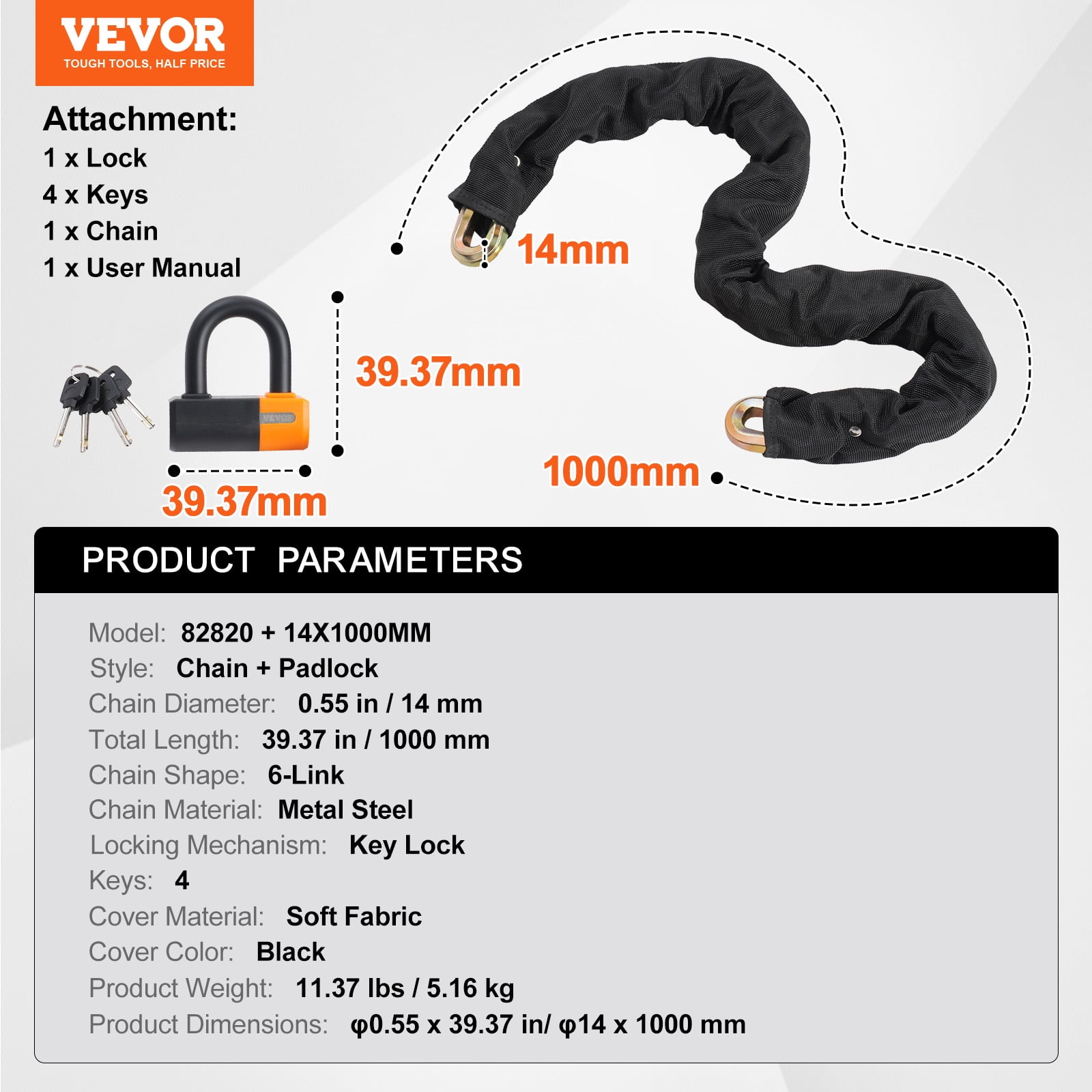 VEVOR Bike Chain Lock, 3.28 Ft Bicycle Chain Lock with 4 Keys, Heavy Duty Metal Steel Anti-Theft High Security Bike Locks, Perfect for Bike, Motorcycle, Scooter, Bicycle, Door, Fence or Gate, 14mm