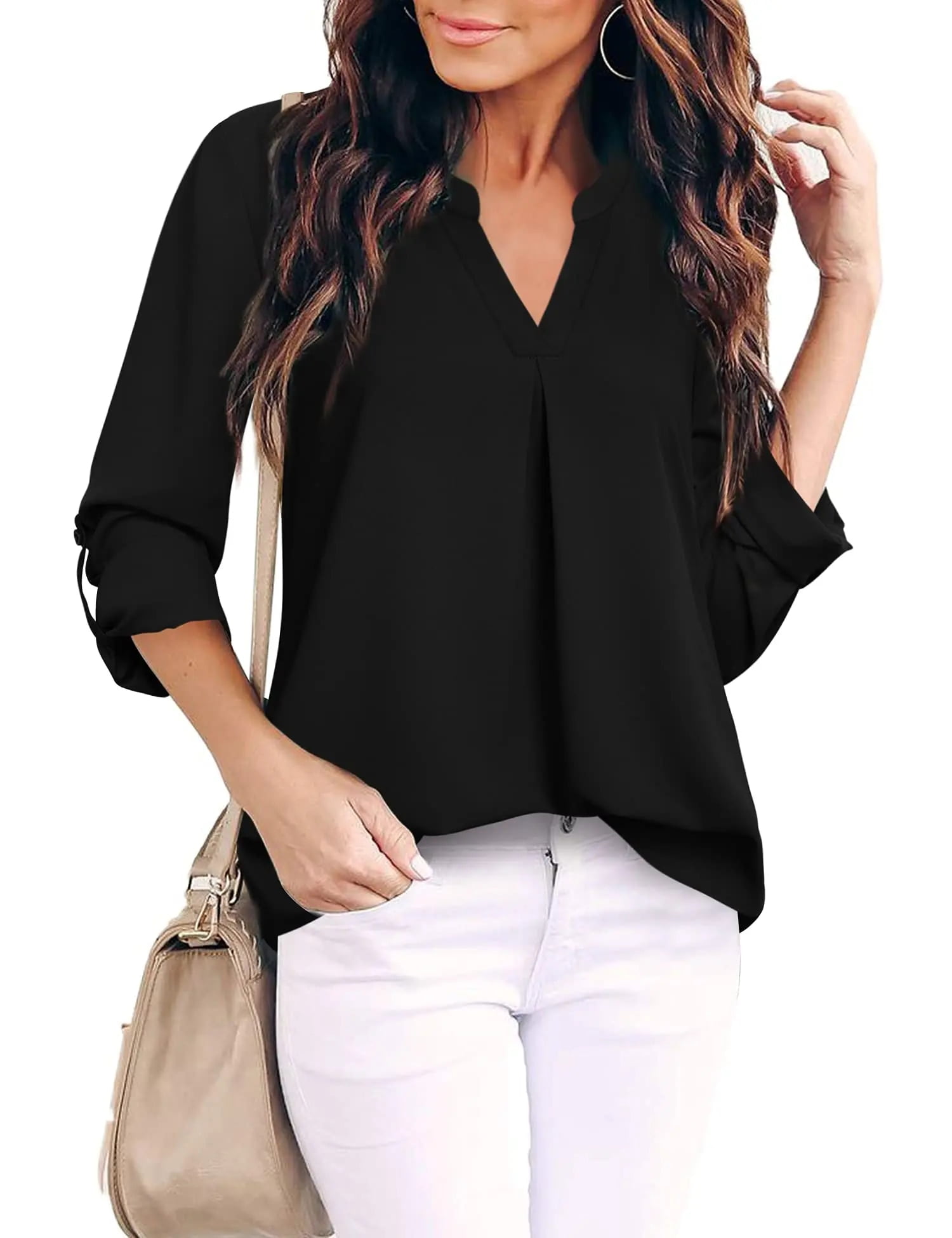Womens Blouses 3/4 Sleeve V Neck Work Shirts Dressy Tops Chiffon Office Wear