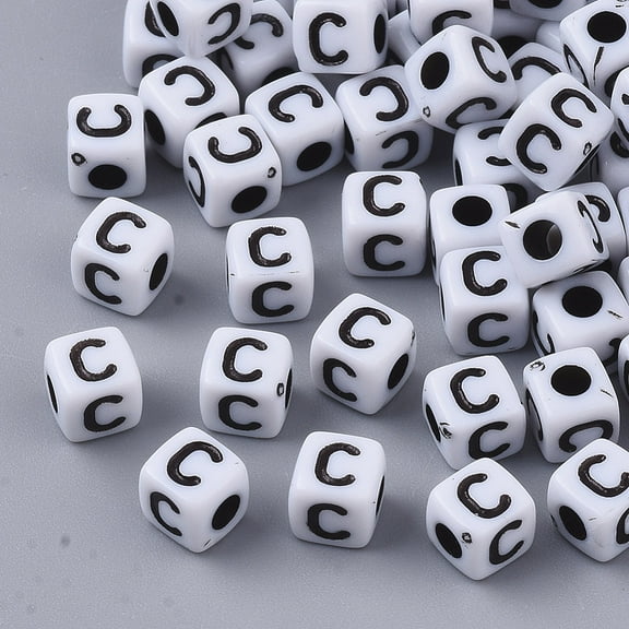 White Opaque Acrylic Beads Horizontal Hole Cube with Black Alphabet Letter.C 4~5x4~5x4~5mm Hole: 1.8mm about 255~260pcs/20g