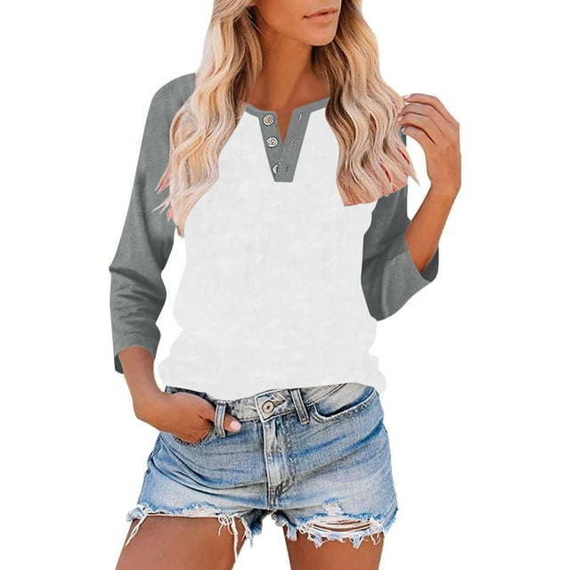 Chemise à Manches Longues Raglan pour Femmes, Chemises Henley pour Femmes Automne Grande Taille Décontractée Patchwork Coloré Boutonnée Col Rond T-Shirts Cadeaux Fête des Mères