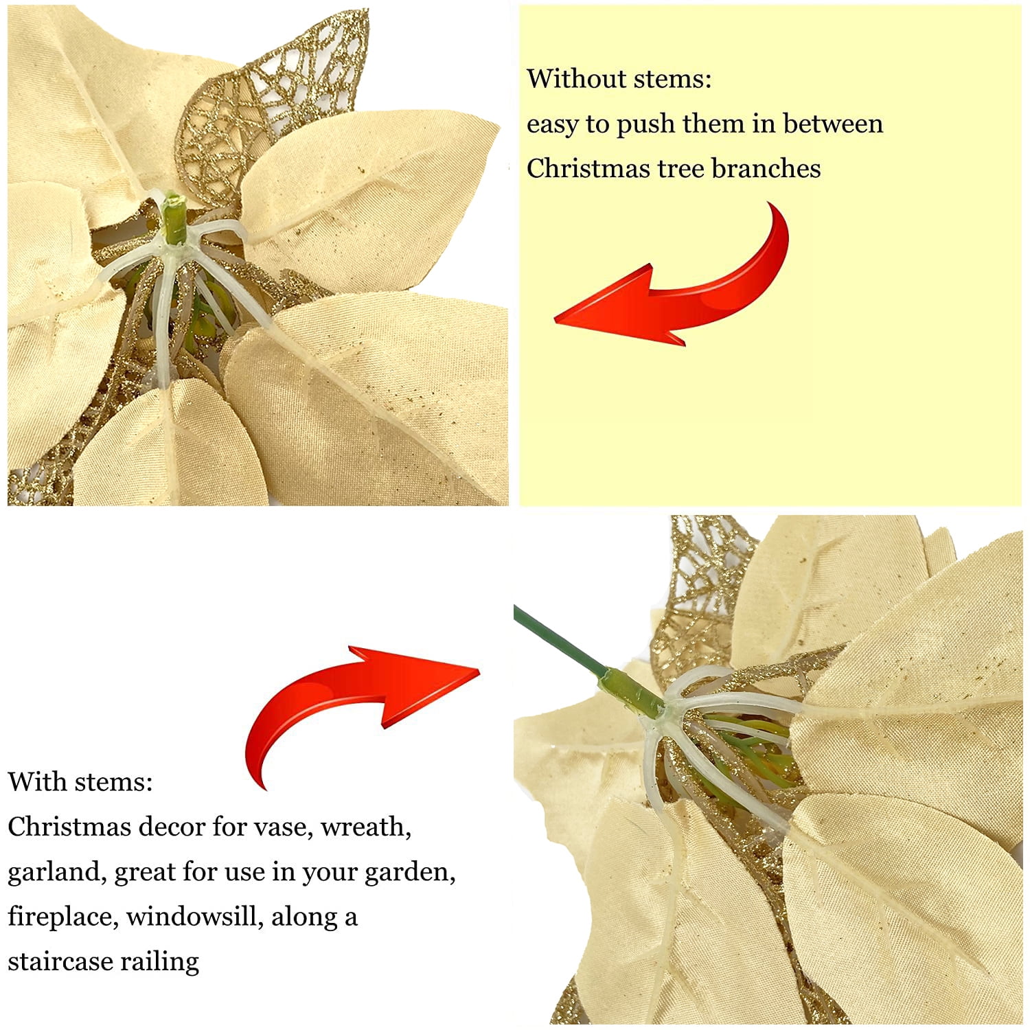 YHDSN Glitter Artificial Silver Poinsettia Flower Picks 9 Heads for  Christmas Trees Wreath Garland Floral Winter Wedding Holiday Ornaments with  Stems