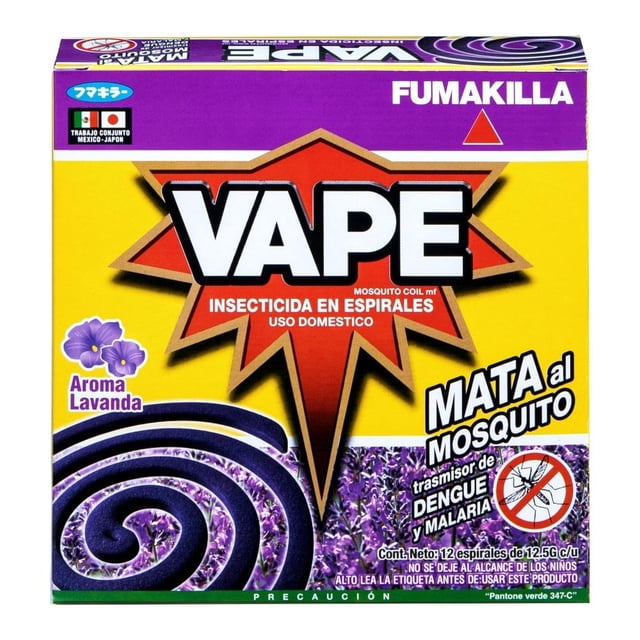 insecticida vape aroma lavanda en espirales 12 pzas de 12.5 g c/u caja frontal con logo VAPE, texto "mata al mosquito" y "uso doméstico", muestra espirales moradas y base incluida sobre fondo amarillo y morado; también apto para uso en patios y terrazas.