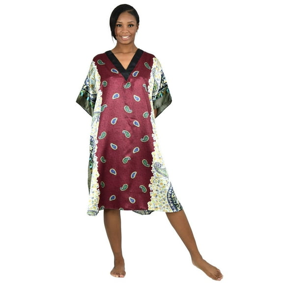 Up2date Fashion's Women's Satin Short Caftan / Kaftan, Burgundy Paisley Print, CShort-04C2
