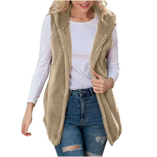 Gilet en Molleton pour Femmes, Veste Sans Manches à Capuche Doublée en Sherpa avec Poche pour Femmes