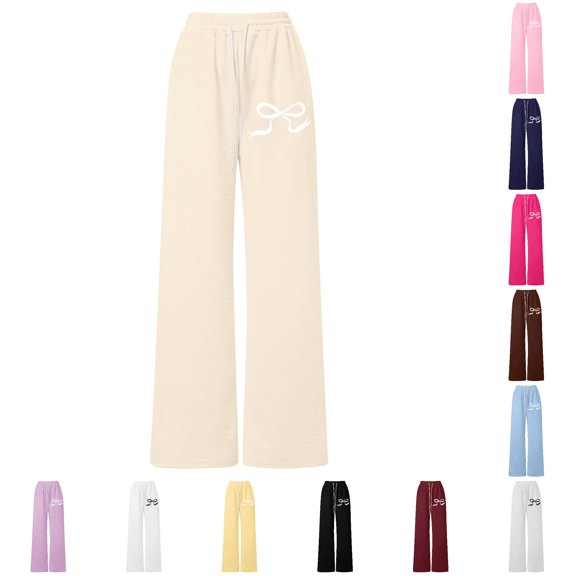 Toddler Girls' Sweatpants Wide Leg Pants Bow Drawstring Pants Straight Leg Athletic Casual Joggers Size 110 ,Beige