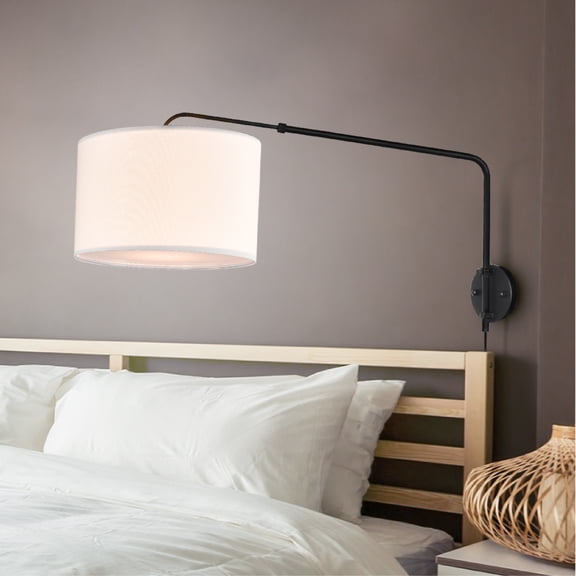 Coby Wall Mount Light with Extending Swing Arm, Wall Lamp with Matte Black Finish, Lamp Shade Style Swing Arm Wall Sconce with 2 Linen Shades Included, Hardwire or Plug In Wall Sconce,  Medium Base