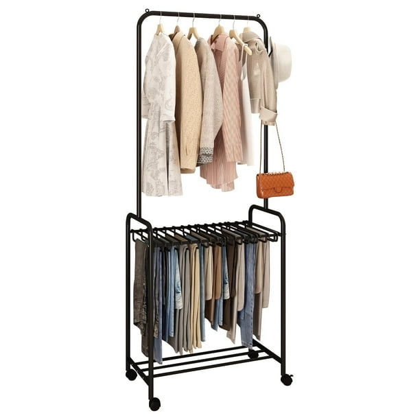 Perchero de Ropa con Ruedas y 24 Ganchos para Pantalones, Rack de Ropa Multifuncional de Metal con Ruedas Giratorias 360°, Ideal para Dormitorio y Lavandería