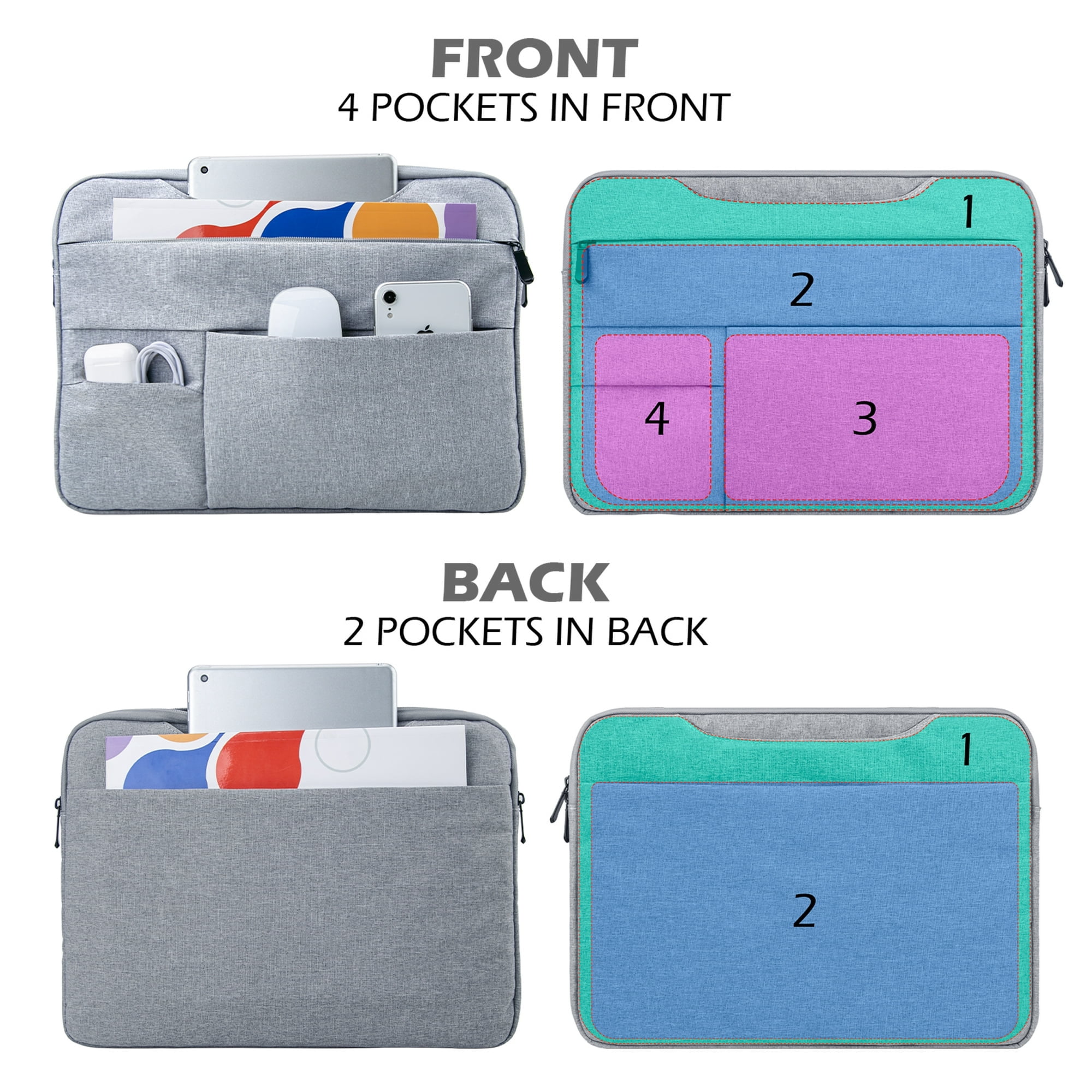 14 Inch Laptop Sleeve Case Compatible with Notebook Computer Chromebook Briefcase with Hidden Handle Multiple Pocket Waterproof Carrying Bag, Gray