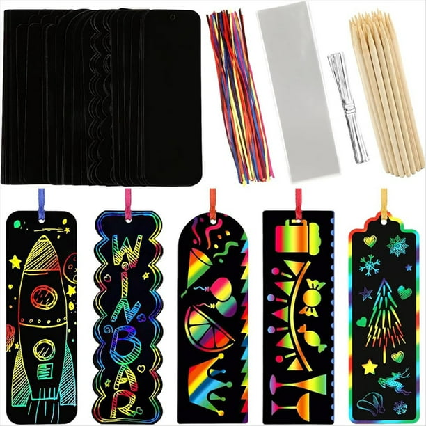 Arte para Rascar, 40 Juegos de 5 Estilos para Niños, Papel Negro para Rascar, Marcapáginas para Eid, Regalos para Niños, Manualidades DIY
