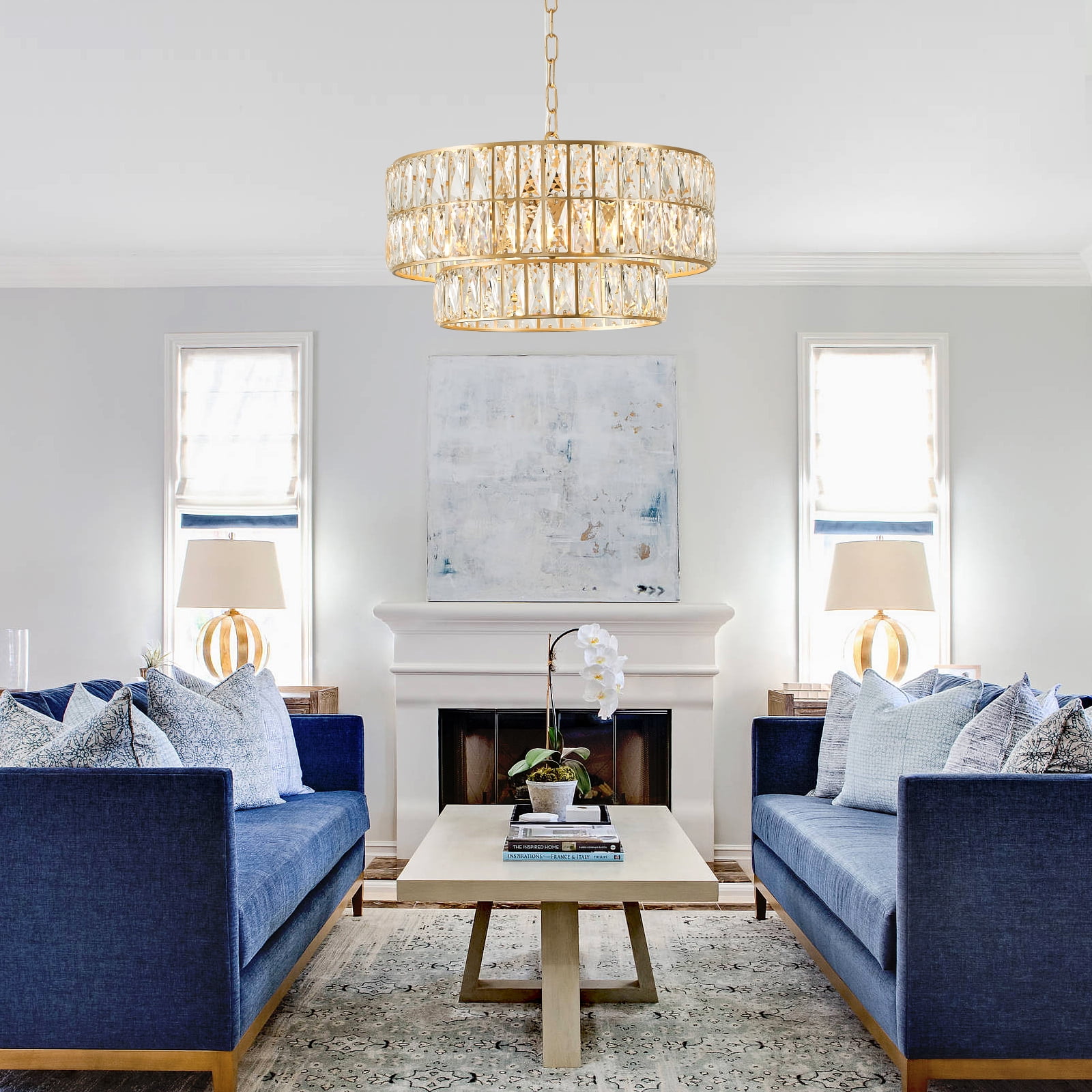 Gold 2-tier Crystal Chandelier 6-Lights Luxury Crystal Pendant Chandelier 20'' Drum Semi Flush Mount Ceiling Lights for Dining Room Foyer Living Room Bedroom Kitchen