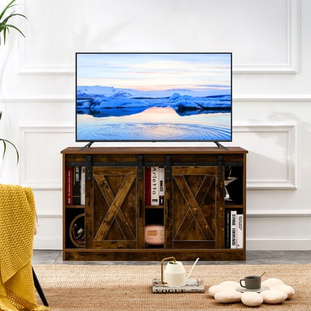 Pouseayar Wooden TV / Storage Cabinet with Two Sliding Barn Doors,Brown