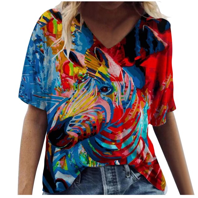 Babysbule Liquidation Hauts pour Femmes Grande Taille Femmes Manches Courtes Imprimé Col en V Tee T-Shirt Blouse