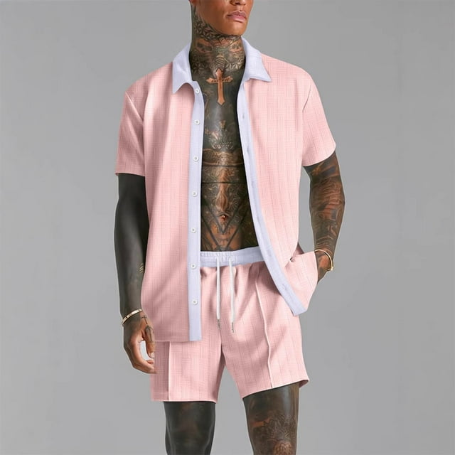 Weiqiqre Men's 2 Piece Vertical Striped Textured Outfits Summer Casual Button Down Shirts And Pants Matching Sets