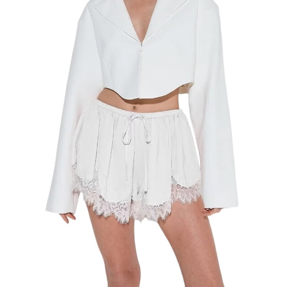 Lace Shorts for Women Low Rise Satin Lace Trim Shorts Y2K Silky Bottoms Slip Mini Pj Half Pants White S