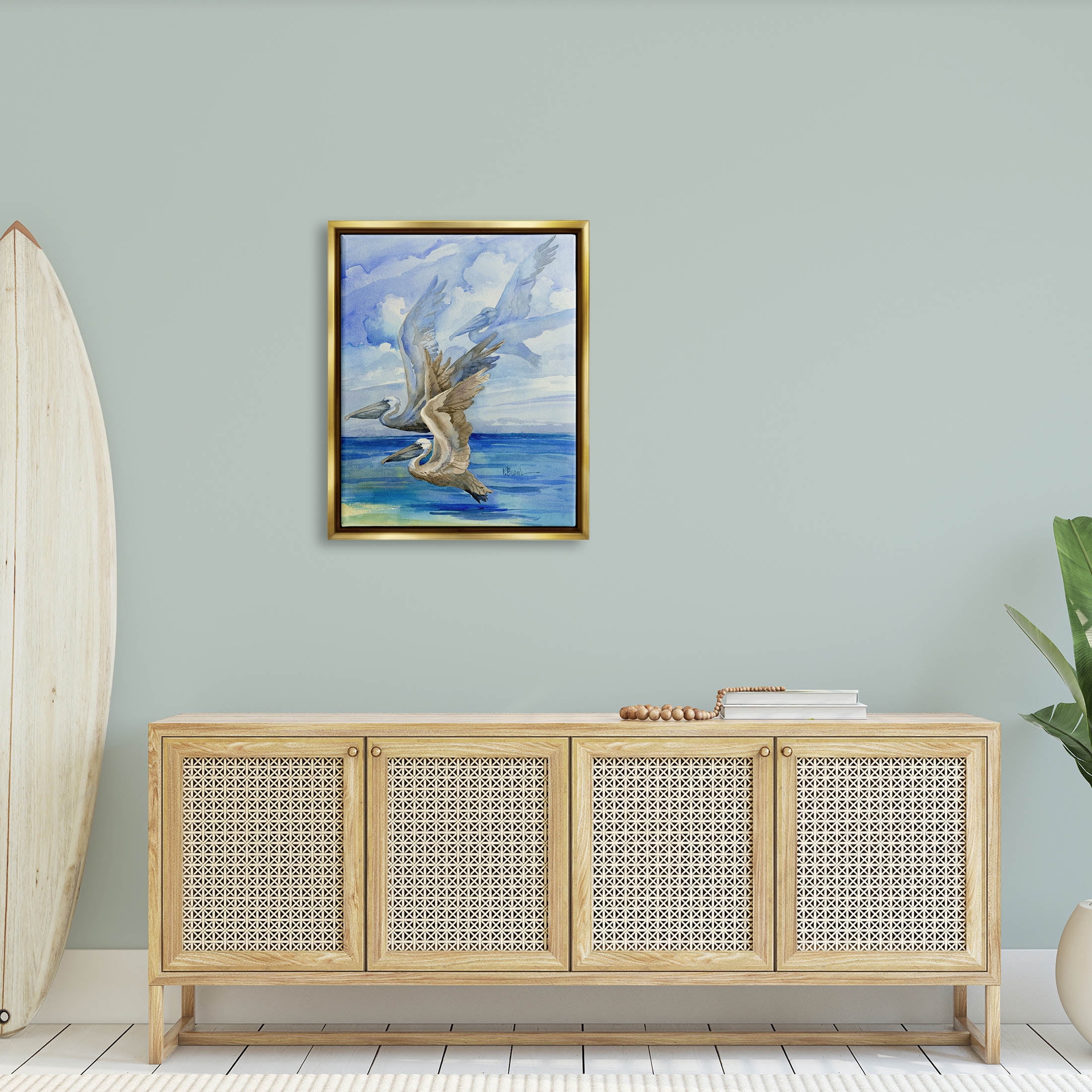 Stupell Industries Pelicans Trio Over Ocean Shore Painting Metallic Gold Floating Framed Canvas Print Wall Art, Design by Paul Brent