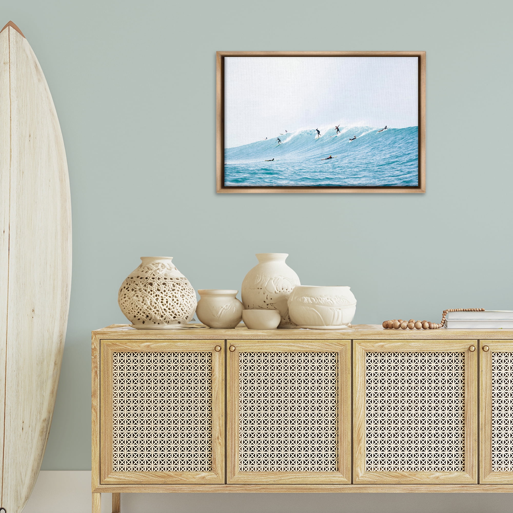 Stupell Industries Blue Wave Surfers Nautical & Beach Photography Brown Floater Framed Canvas Art Print Wall Art, 31 x 21