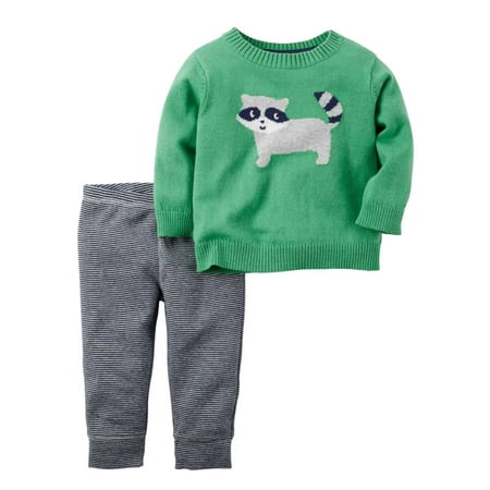 Carters Infant Boys 2-Piece Green Raccoon Sweater & Striped Pant Set