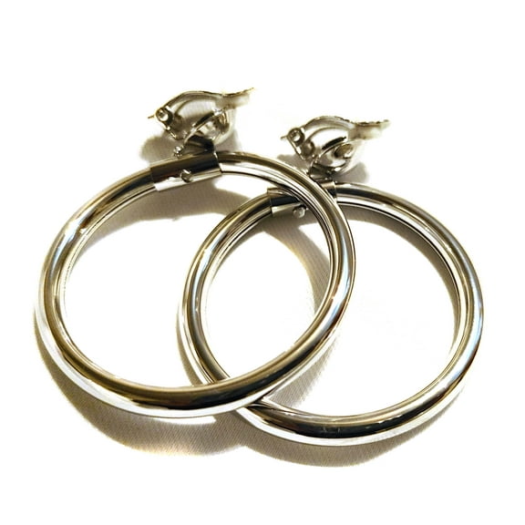 Clip-on Hoop Earrings 2 inch Hoops Thick Round Pipe Hoops Silver Tone
