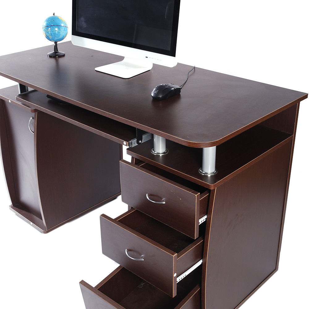 Ktaxon Brown Computer PC Desk Home Office Study Writing Table 3 Drawers Bookcase - image 2 of 9