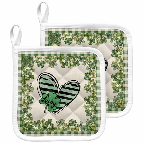 Lucky Shamrock Pot Holders for Kitchen Heatproof Potholder, 2 Pack St. Patrick's Day Love Leaves Plaid Beige Hot Pads Multipurpose Oven Pads Cloth Potholders Trivet for Cooking and Baking