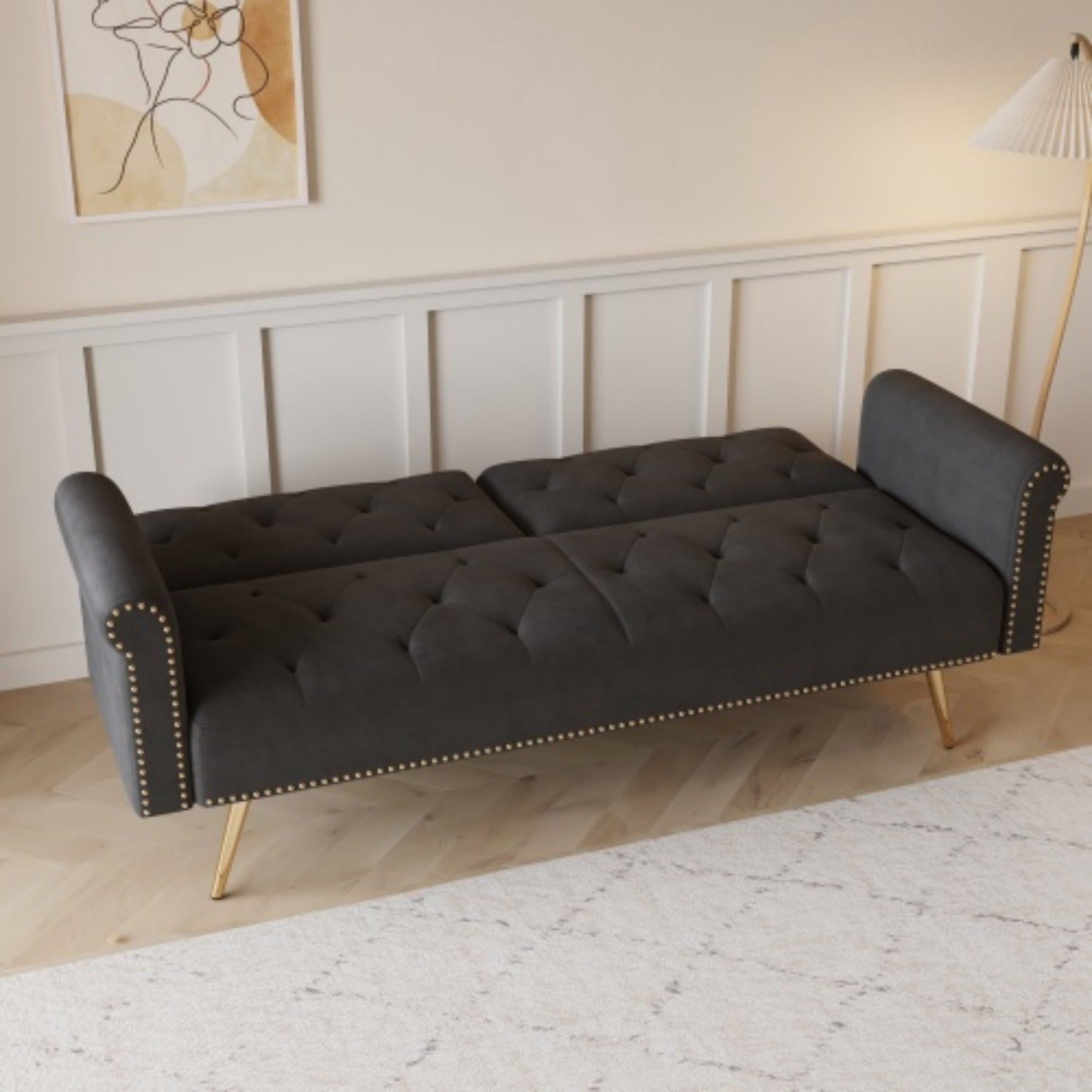 Velvet Sofa Bed, 69.7" Convertible Sleeper Sofa with Nailhead Trim & Pillow for Living Room Bedroom, Black
