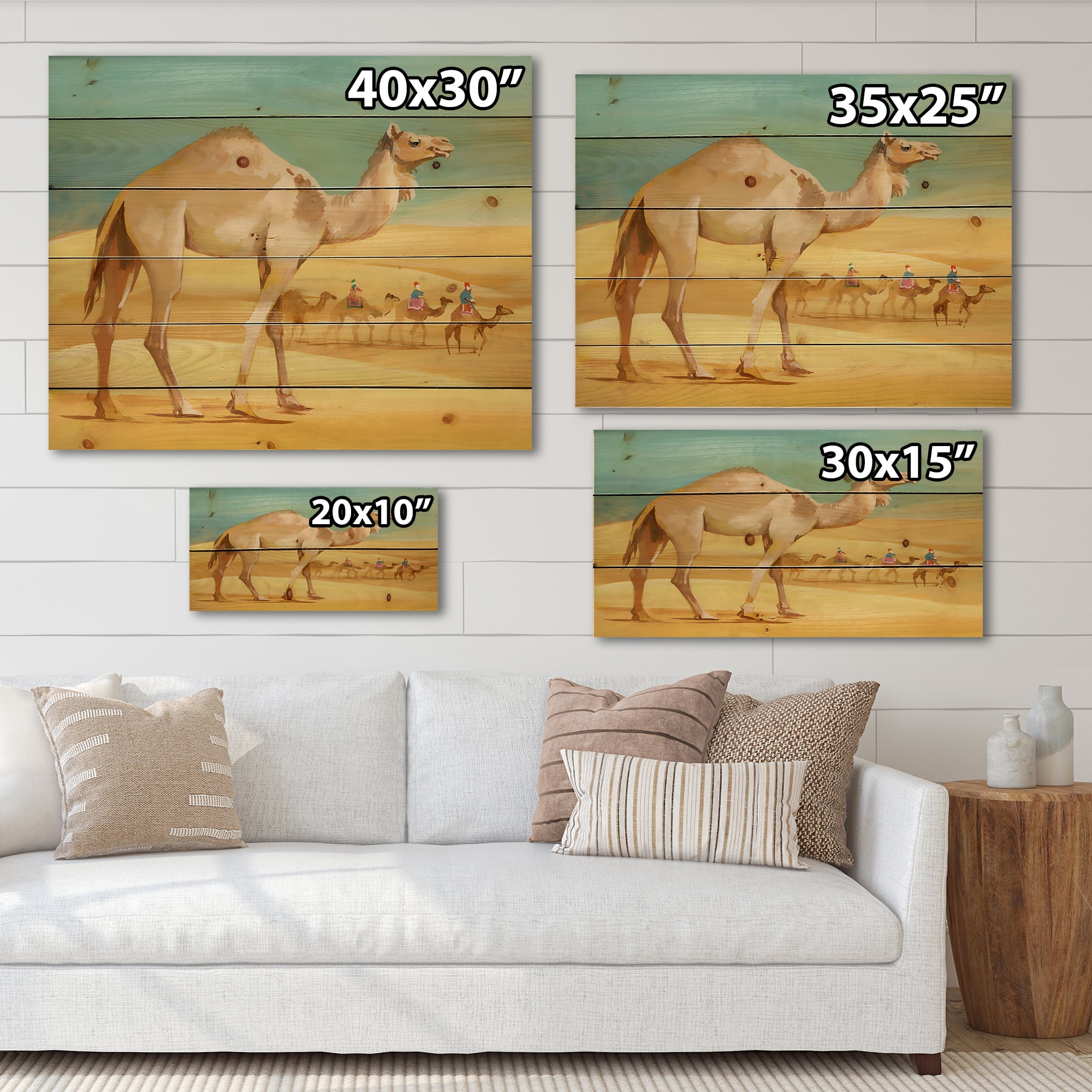Designart 'Camels In Wild Desert I' Farmhouse Print on Natural Pine Wood
