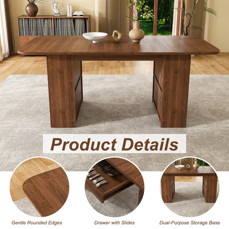 70.87-in Long Mid-Century Modern Dining Table for 4-6, MDF Wooden Kitchen Lunch Table with Drawers & Open Storage Shelf