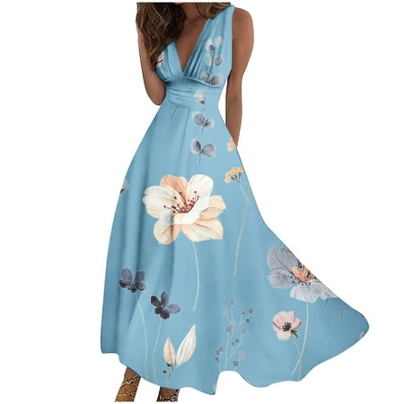 

hoksml Fall Dresses for women 2023 on Clearance Fashion Casual Loose Floral Printed Sleeveless Corset Dress V-Neck Casual Vacation Long Womens Dresses Party Dress Wedding Guest Dresses