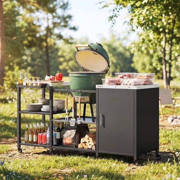 Outsunny Grill Table for Big Green Egg Grill, Heavy Duty Metal BBQ Prep Table with Stainless Steel Top and Storage Cabinet, Black