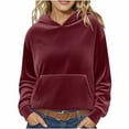 thumbnail image 3 of HVOBTTY Women's Long Sleeved Sweatshirts, Fall and Winter Tops for Women, Women's Casual Solid Color Long Sleeve Fleece Warm Hooded Pullover Sweatshirt with Pocket Wine, Wine, 3 of 5