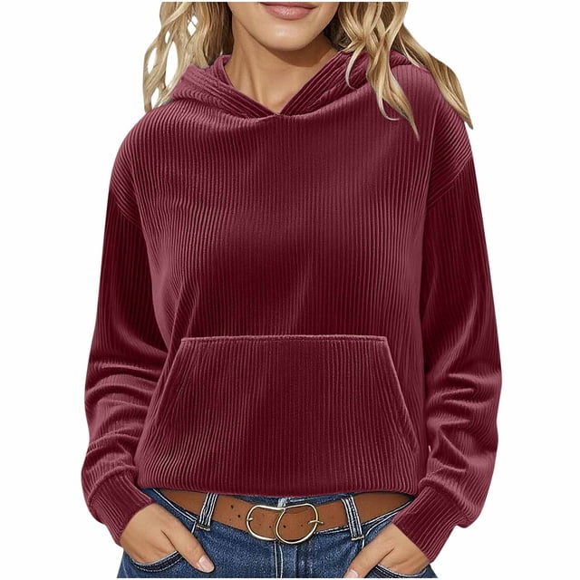 Chandail à Capuche Oversize pour Femmes, Chandail en Velours Côtelé, Blouse à Manches Longues avec Poche, Col Rond, Grande Taille, Vin
