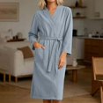 thumbnail image 4 of SHTXOZHI Womens V-Neck Robes Solid Color Long Bathrobe Long Sleeve Basic Homewear Loose Sleepwear with Pocket and Belt, 4 of 7