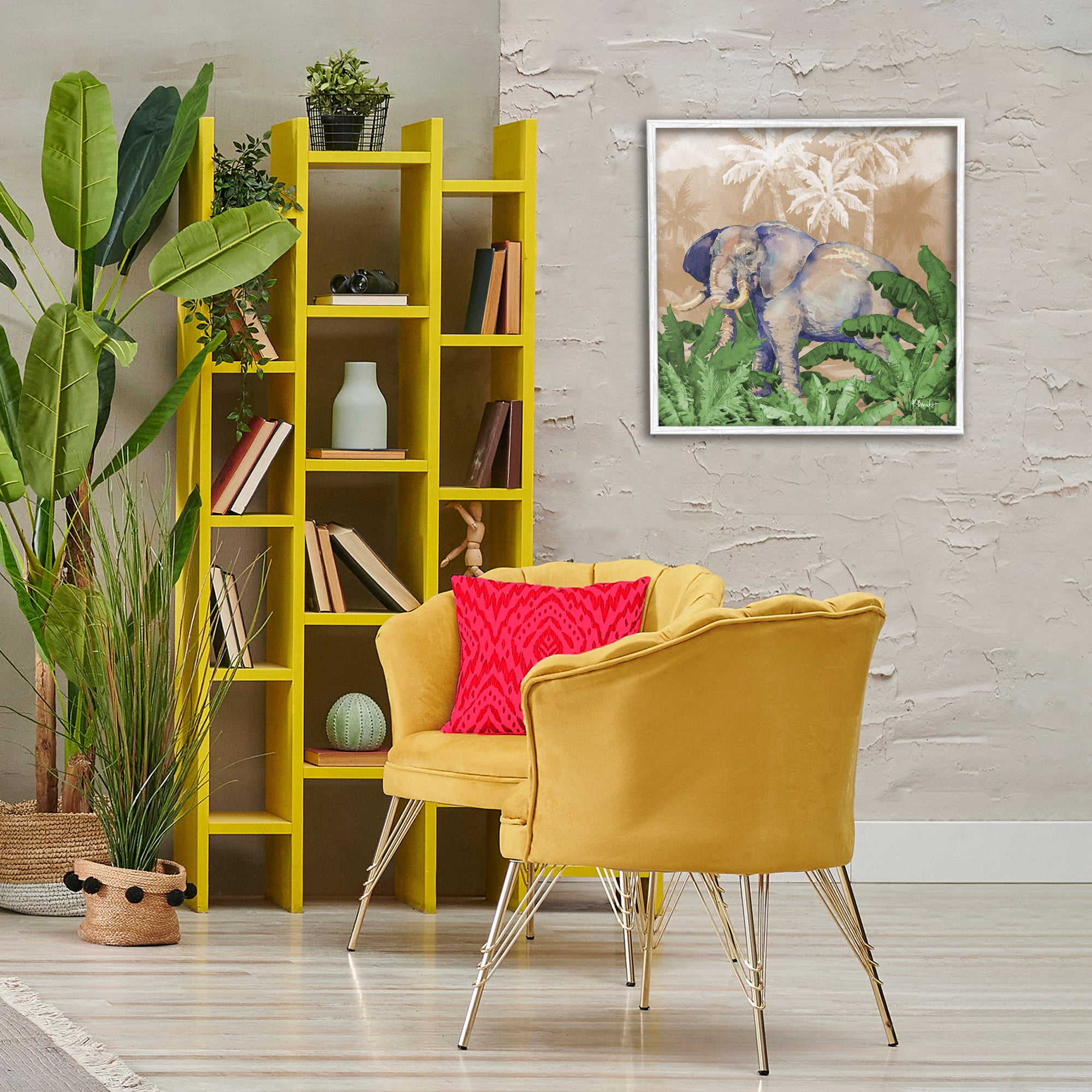 Stupell Industries Jungle Life Elephant Animals & Insects Painting White Framed Art Print Wall Art, 24 x 24