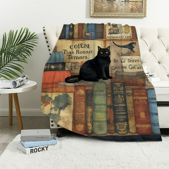 JEUXUS Cat Throw Blanket for Cat Lover, Black Cat Gifts Book Reading Lovers Blanket, Soft Flannel Cat Blanket for Women Men 5