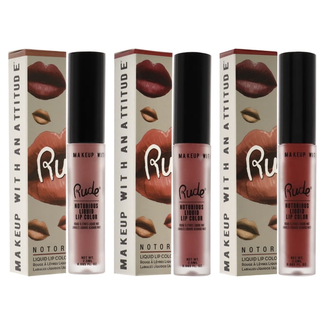 Kit de color de labios líquido Notorious Rich Long de Rude Cosmetics para mujeres: kit de 3 piezas, 3 colores de labios de 0,1 oz: Obscene Gesture, Poison Fruit, Sinister Villain