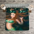 thumbnail image 3 of Ambesonne Cartoon Quilted Bedspread Set 3 Pcs, Mermaid Lake Lilies, Queen Size, Green Brown Jade Green, 3 of 3