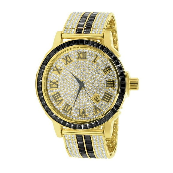 Roman Numeral Black Onyx Dial Solid Steel Bezel Gold Tone Simulated Diamond Custom Adjustable Band Mens Watch W/Date