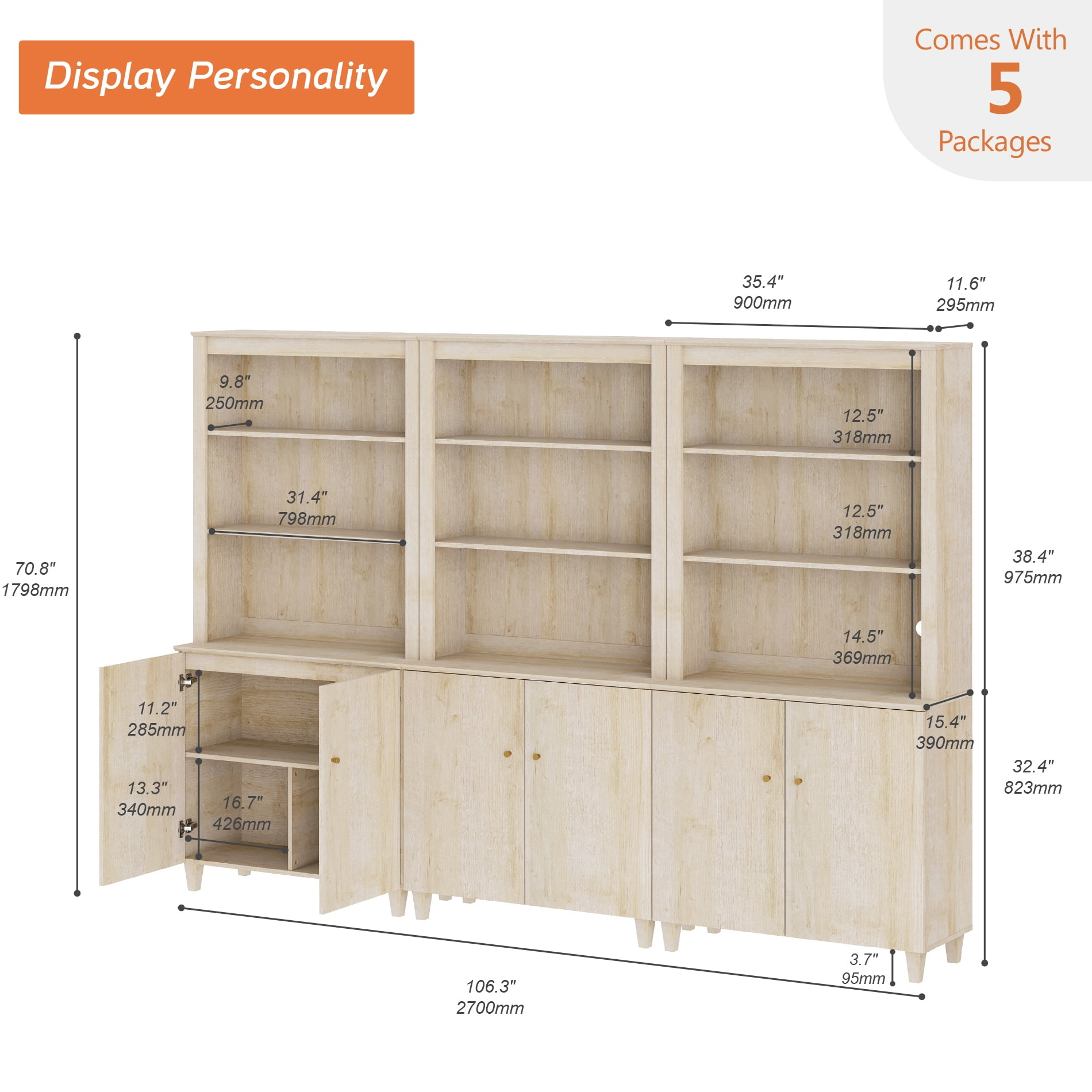 Modern 71" Tall Bookcase with Cabinets, 3 Columns 5-Tier for Home Office,Natural Oak